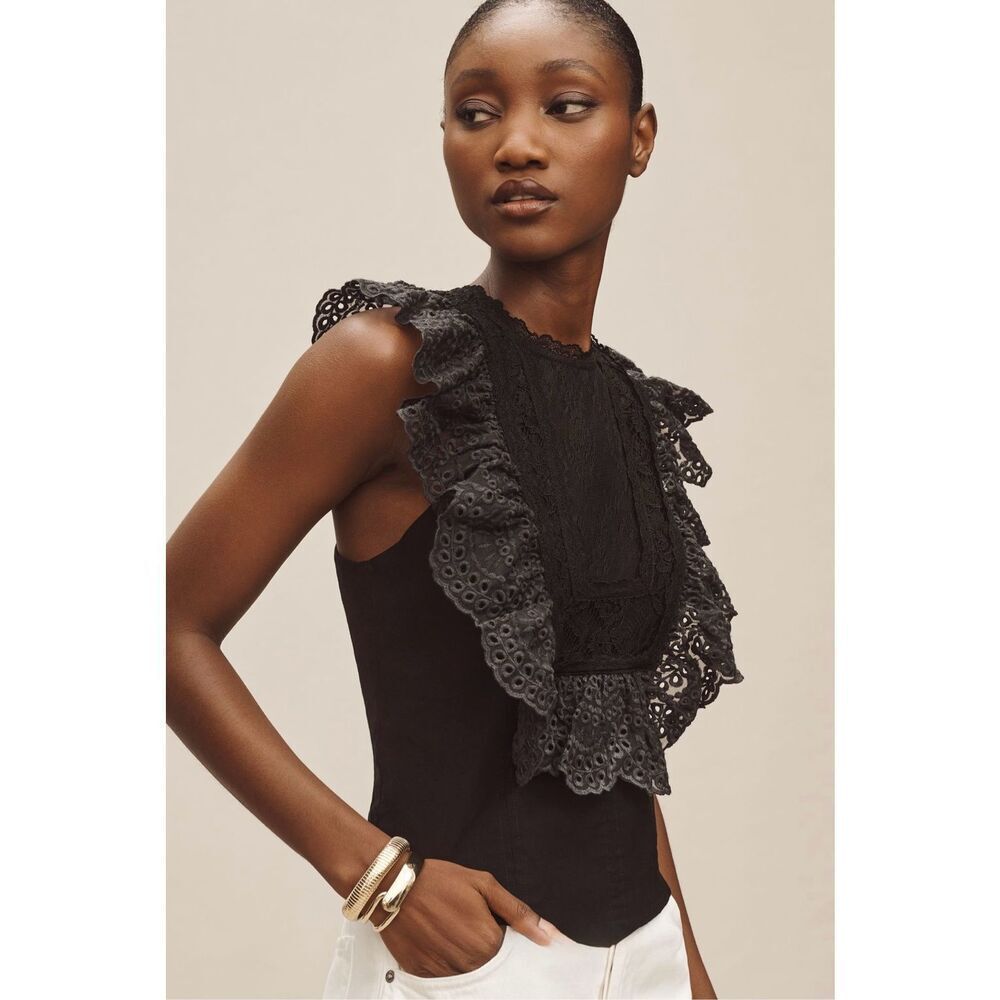 By Anthropologie Eyelet Ruffle Black Bib Tank - Picture 2 of 8